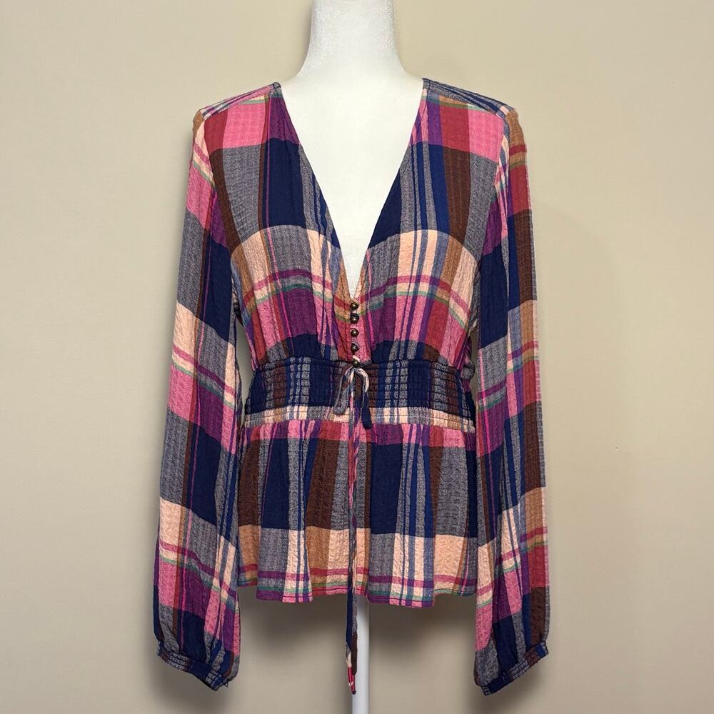 Anthropologie Pilcro Flannel Peasant Top Women's L Pink Plaid Bohemian Shirt